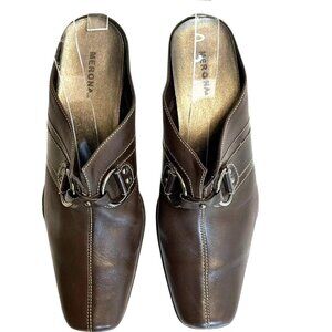 Merona Women Brown Leather Square Toe Block Heel Buckle Mule Shoe Sz 9 B NWOT